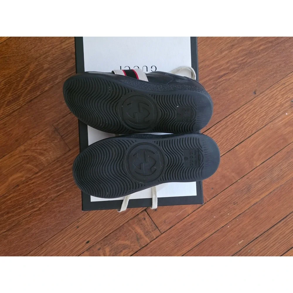 Gucci Ace Black Leather Logo Elastic Strap Sneakers Low Top Shoes‎ 523469